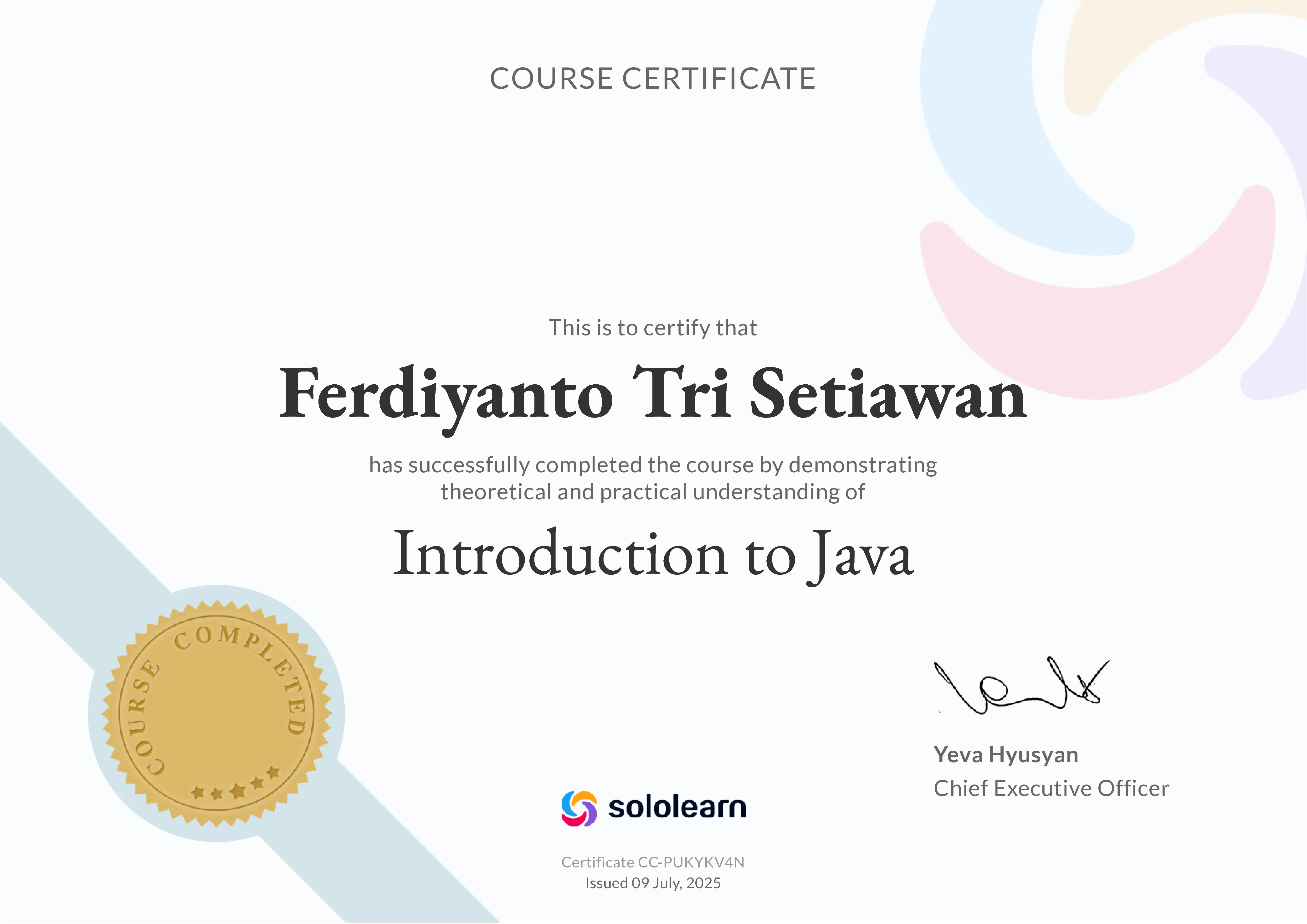 Introduction to Java Certificate