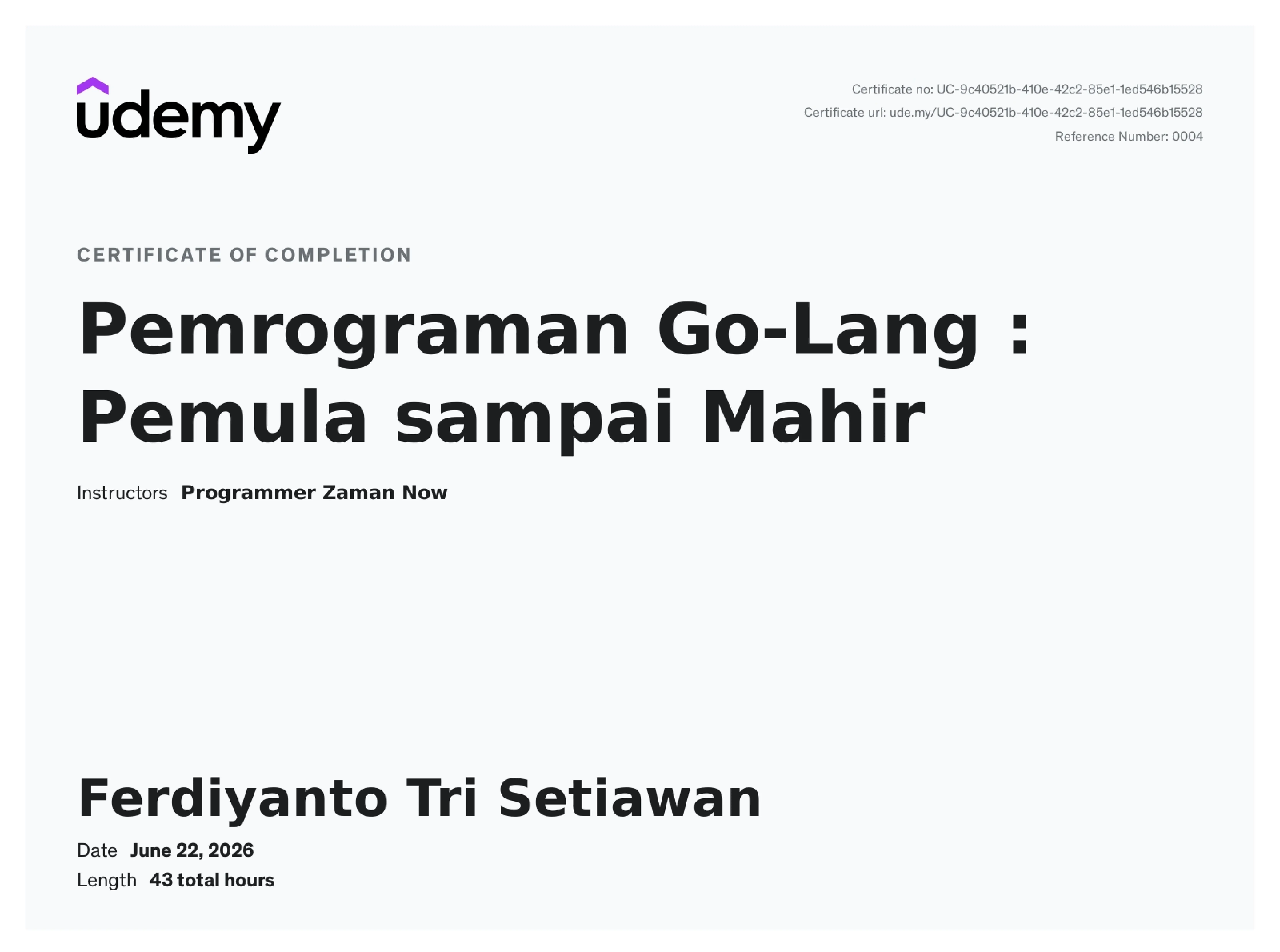 Udemy Golang Certificate